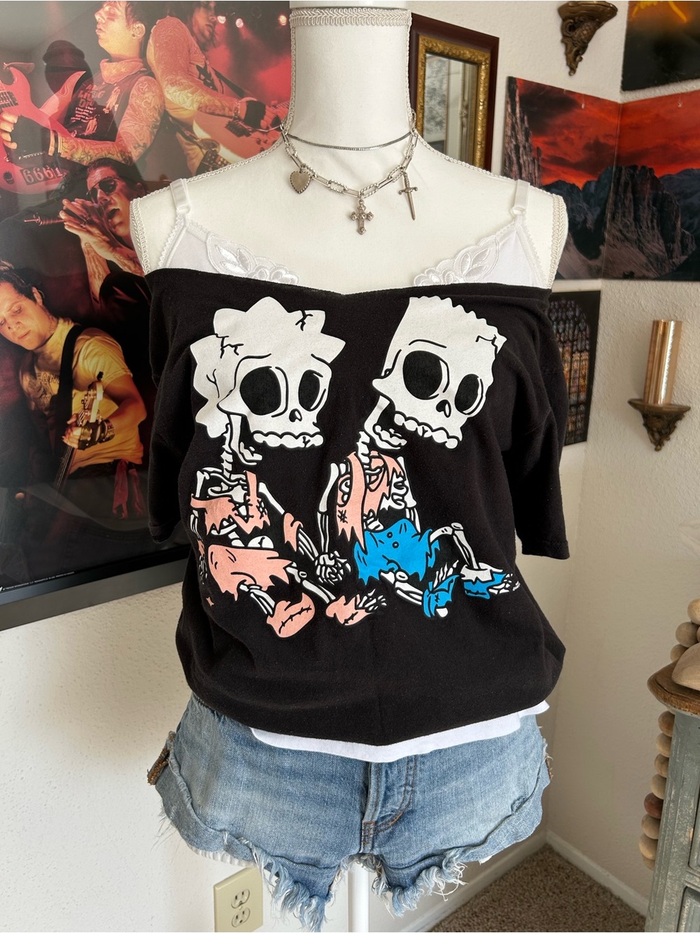 Simpsons Spooky Off The Shoulder Tee Womens Small Bart Simpson Lisa Simpson Y2K